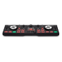 A side-down view of the Numark DJ2GO Touch Pocket DJ Controller with Capacitive Touch Jog Wheels